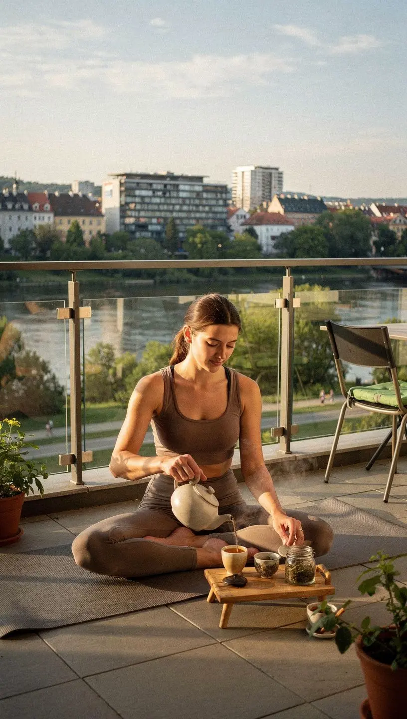 Ruky osoby, ktorá si vychutnáva šálku bylinkového čaju v prírodnom prostredí.