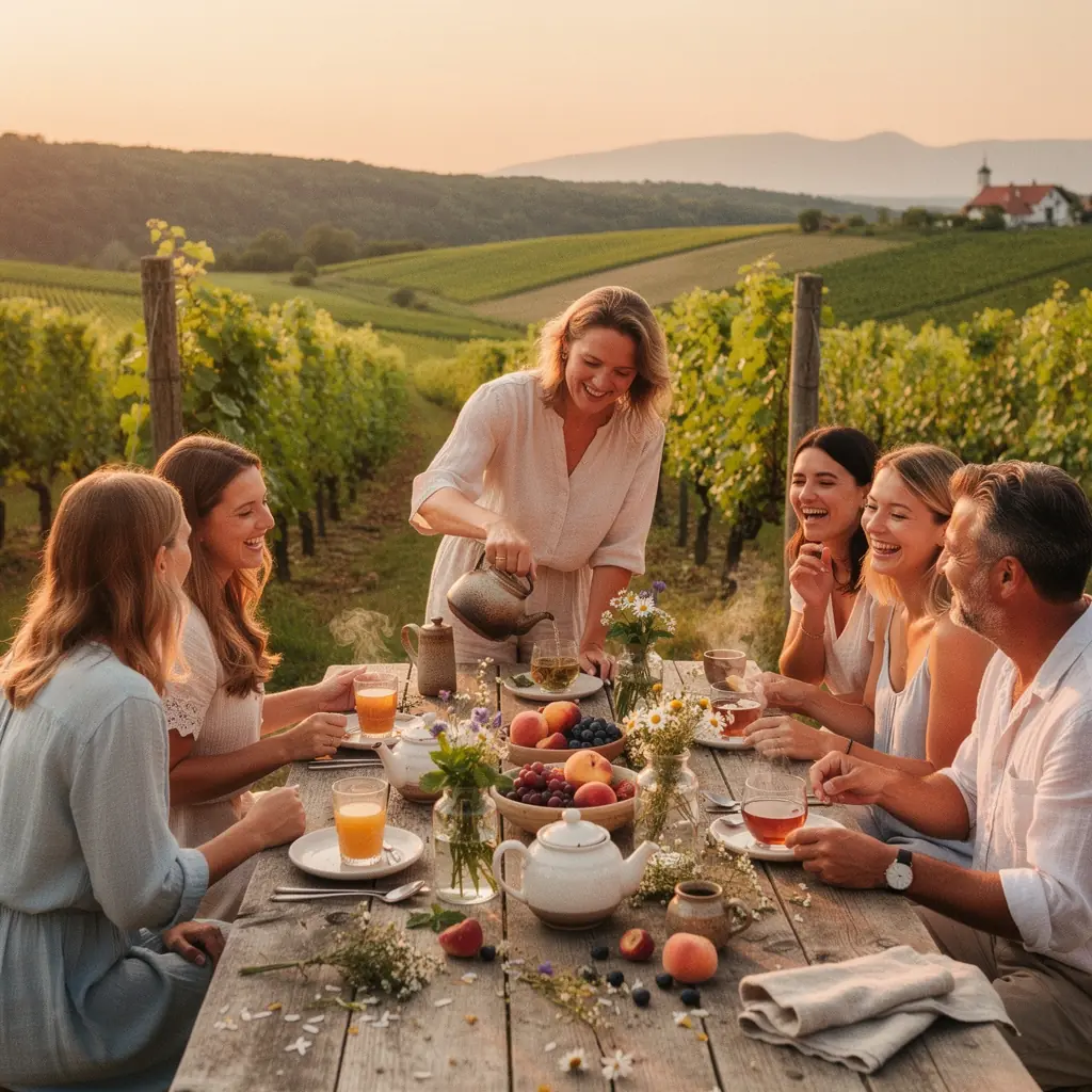 Jemný pohár s bylinkovým čajom umiestnený na drevenom stole obklopený sviečkami a kvetmi, vytvárajúci pokojnú atmosféru.