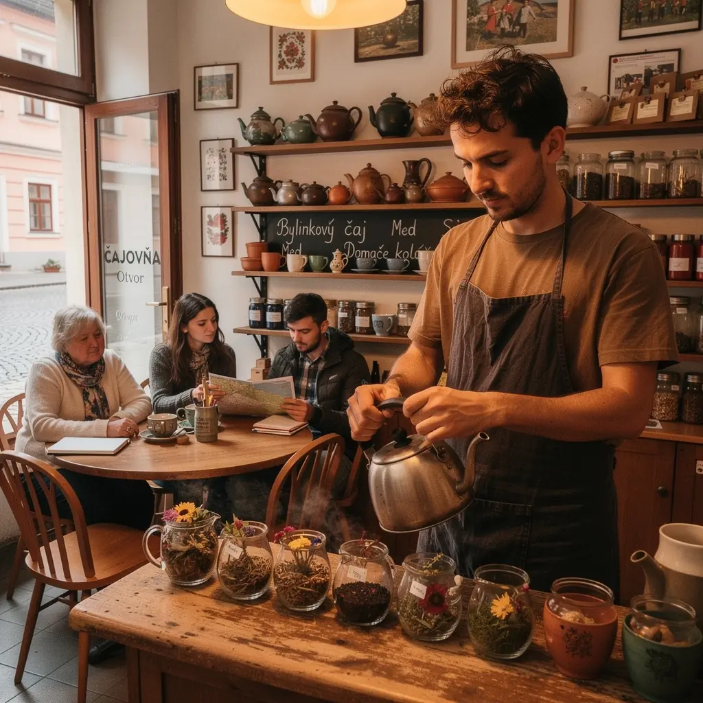 Tradičný čajový rituál so starožitným čajovým servisom a voňavými bylinkami.