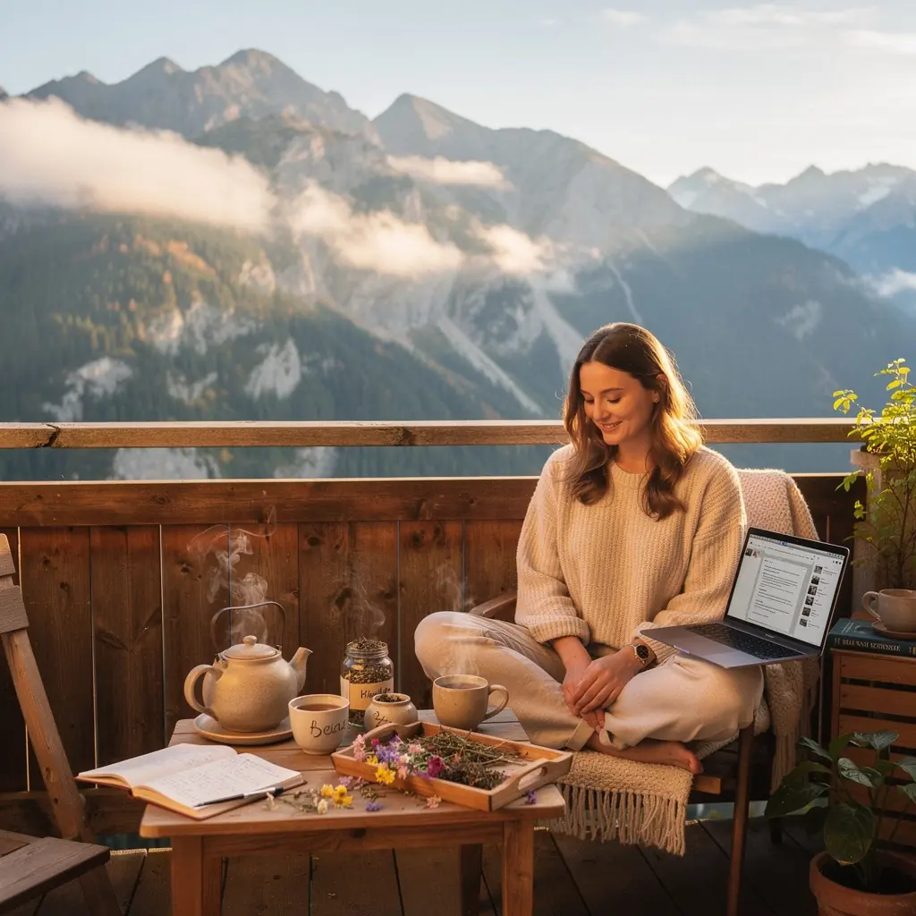 Záber na pokojný kútik s vankúšmi a dekou pripravený na čajový čas.