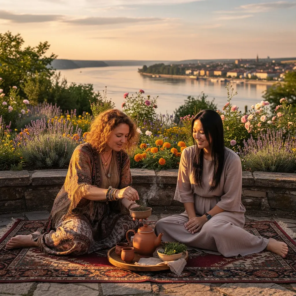 Pokojná scéna s meditačným priestorom, v strede ktorého je čajový obrad.