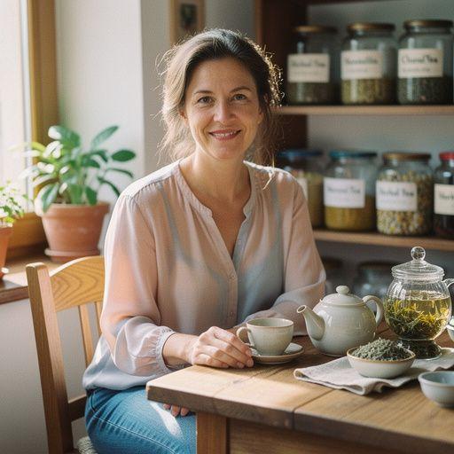 Záber na šálku bylinného čaju s kvetinovým vzorom, vedľa ktorej leží kniha o meditácii.