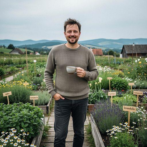 Pohľad na relaxačný kútik s pohodlným kreslom, kde sú rozložené bylinky a čajové šálky.